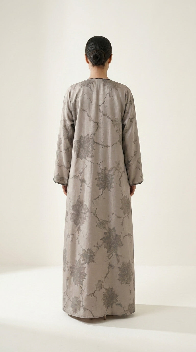 Beige Leaf Print 3-Pieces Set Open Abaya  Emarati