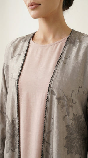 Beige Leaf Print 3-Pieces Set Open Abaya  Emarati