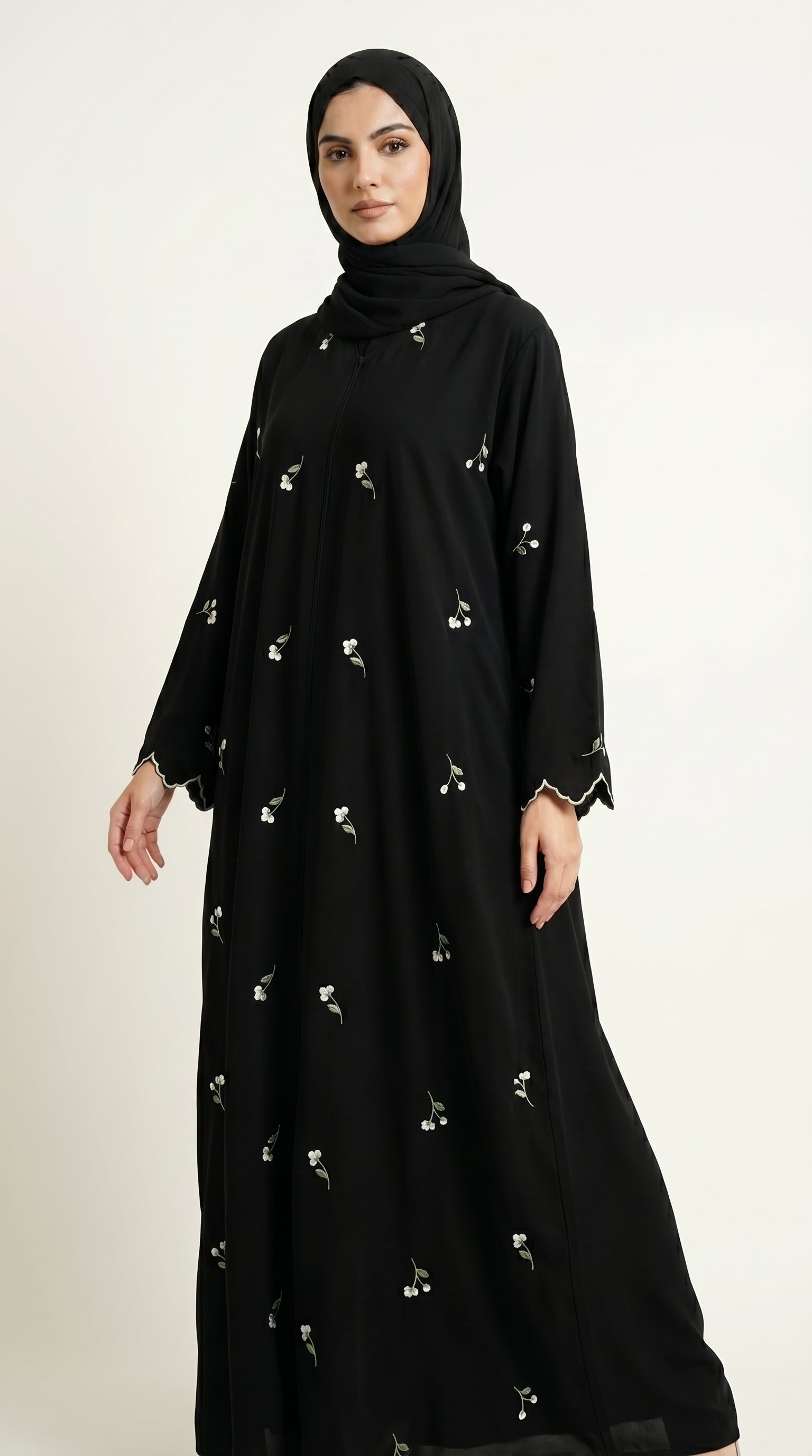 Black Closed Abaya with Dainty Floral Embroidery  Emarati