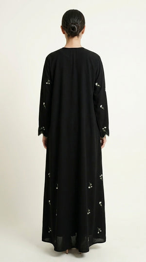 Black Closed Abaya with Dainty Floral Embroidery  Emarati