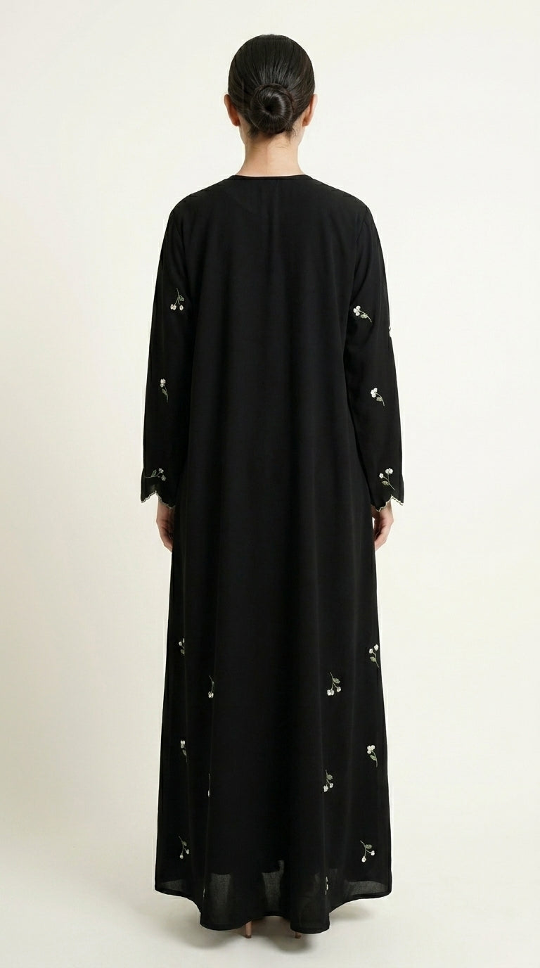 Black Closed Abaya with Dainty Floral Embroidery  Emarati