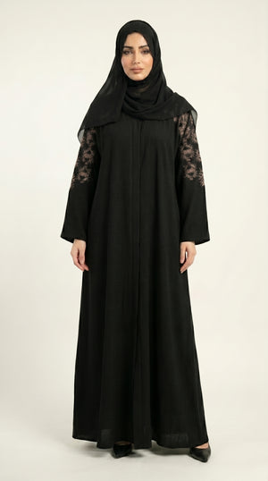 Black Embroidery Work Zoom Open Abaya  Emarati