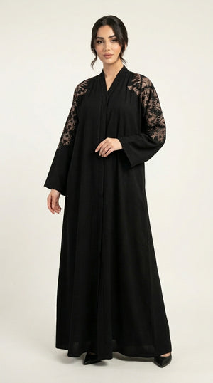 Black Embroidery Work Zoom Open Abaya  Emarati