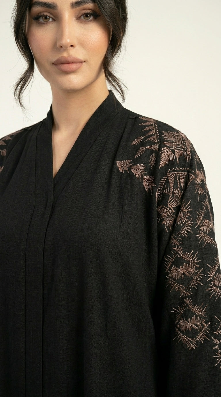 Black Embroidery Work Zoom Open Abaya  Emarati