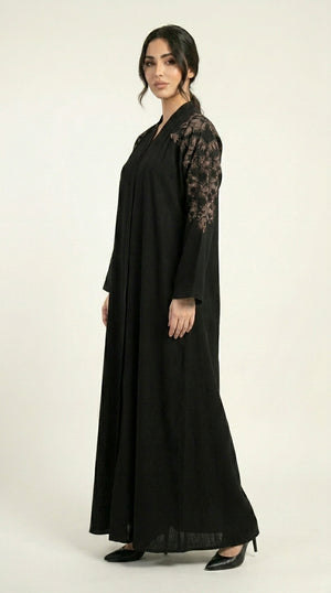 Black Embroidery Work Zoom Open Abaya  Emarati