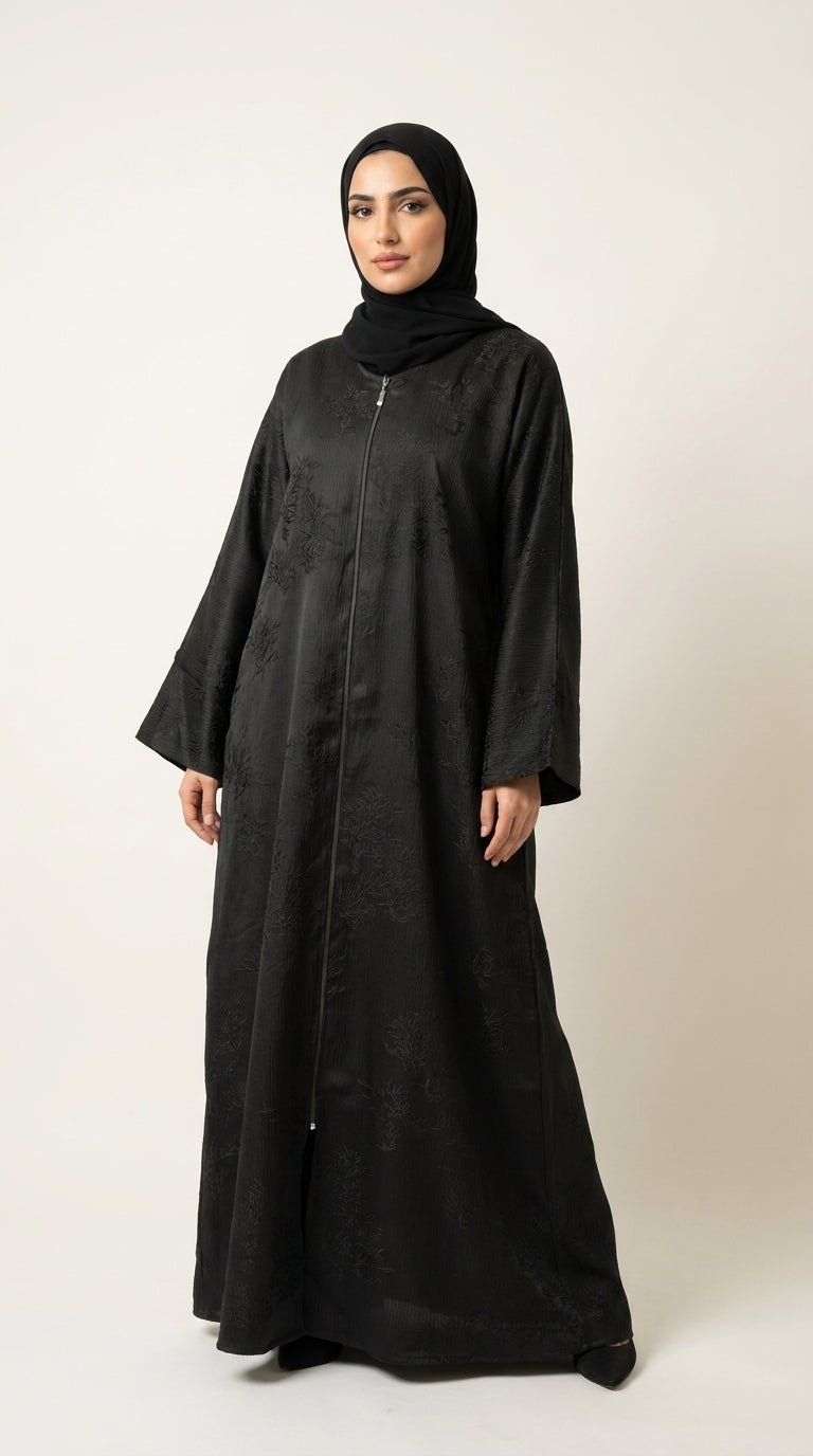 Black Maryam Bamboo Leaf Work Open Abaya with Zip  Emarati