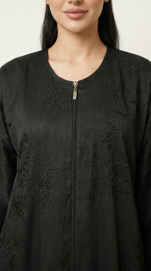 Black Maryam Bamboo Leaf Work Open Abaya with Zip  Emarati