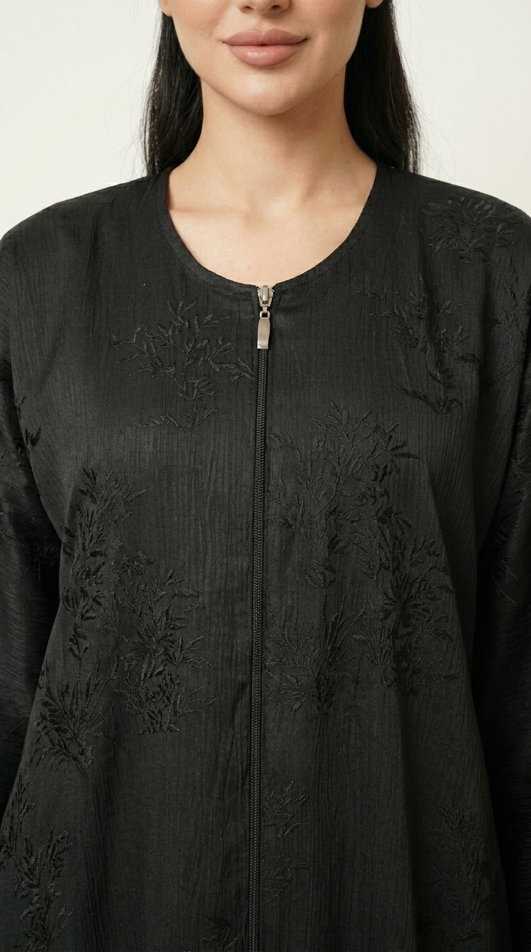 Black Maryam Bamboo Leaf Work Open Abaya with Zip  Emarati
