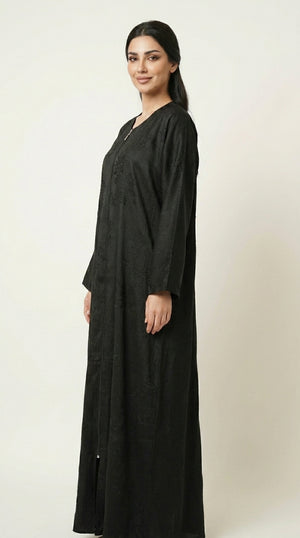 Black Maryam Bamboo Leaf Work Open Abaya with Zip  Emarati