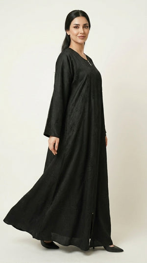 Black Maryam Bamboo Leaf Work Open Abaya with Zip  Emarati