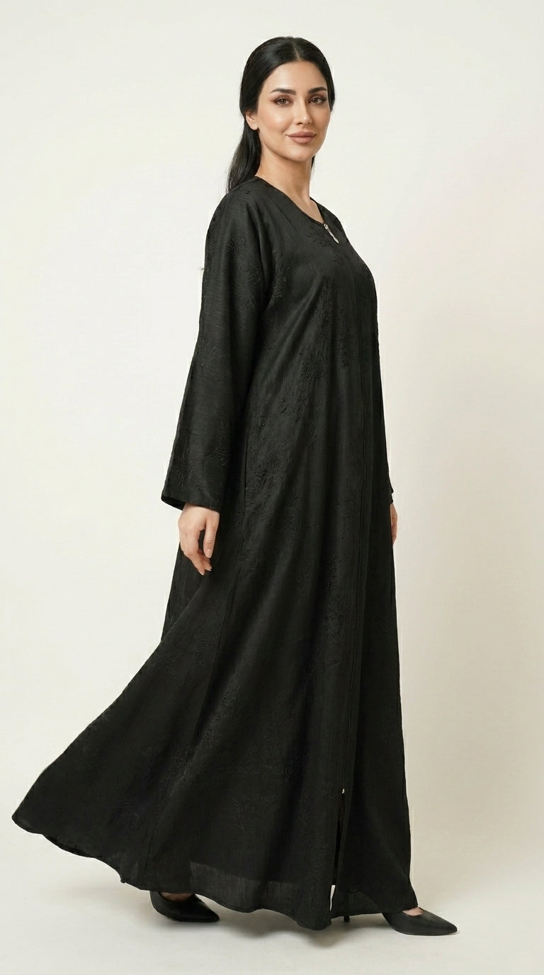 Black Maryam Bamboo Leaf Work Open Abaya with Zip  Emarati