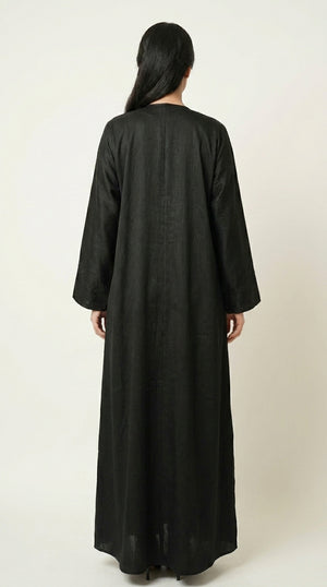 Black Maryam Bamboo Leaf Work Open Abaya with Zip  Emarati