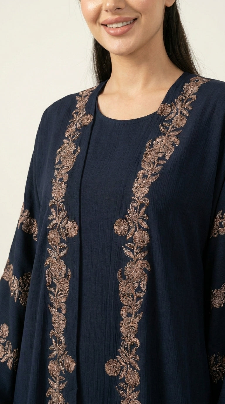 Blue Luxury Embroidery Work with Stone 3-piece Set  Emarati