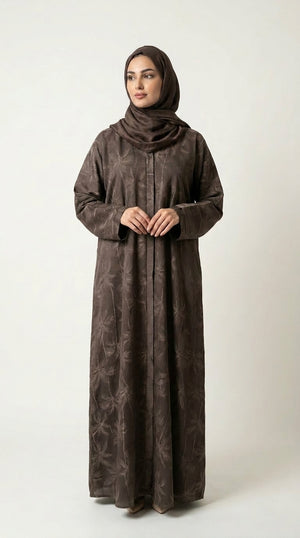 Brown Full Body Leaf Work Open Abaya with Zip  Emarati