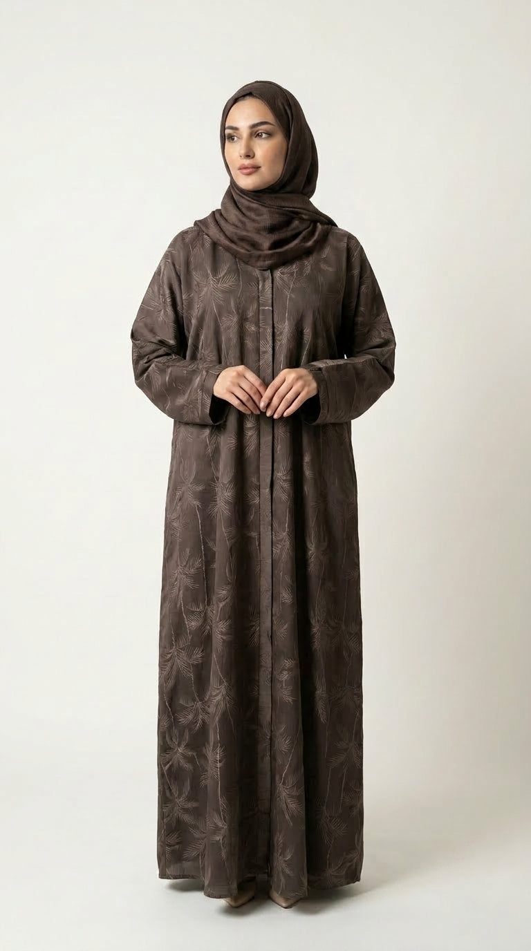 Brown Full Body Leaf Work Open Abaya with Zip  Emarati