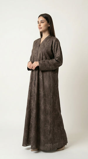 Brown Full Body Leaf Work Open Abaya with Zip  Emarati