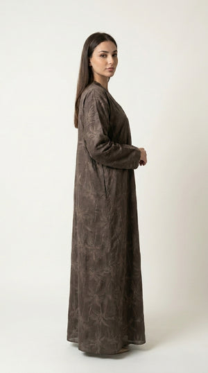Brown Full Body Leaf Work Open Abaya with Zip  Emarati