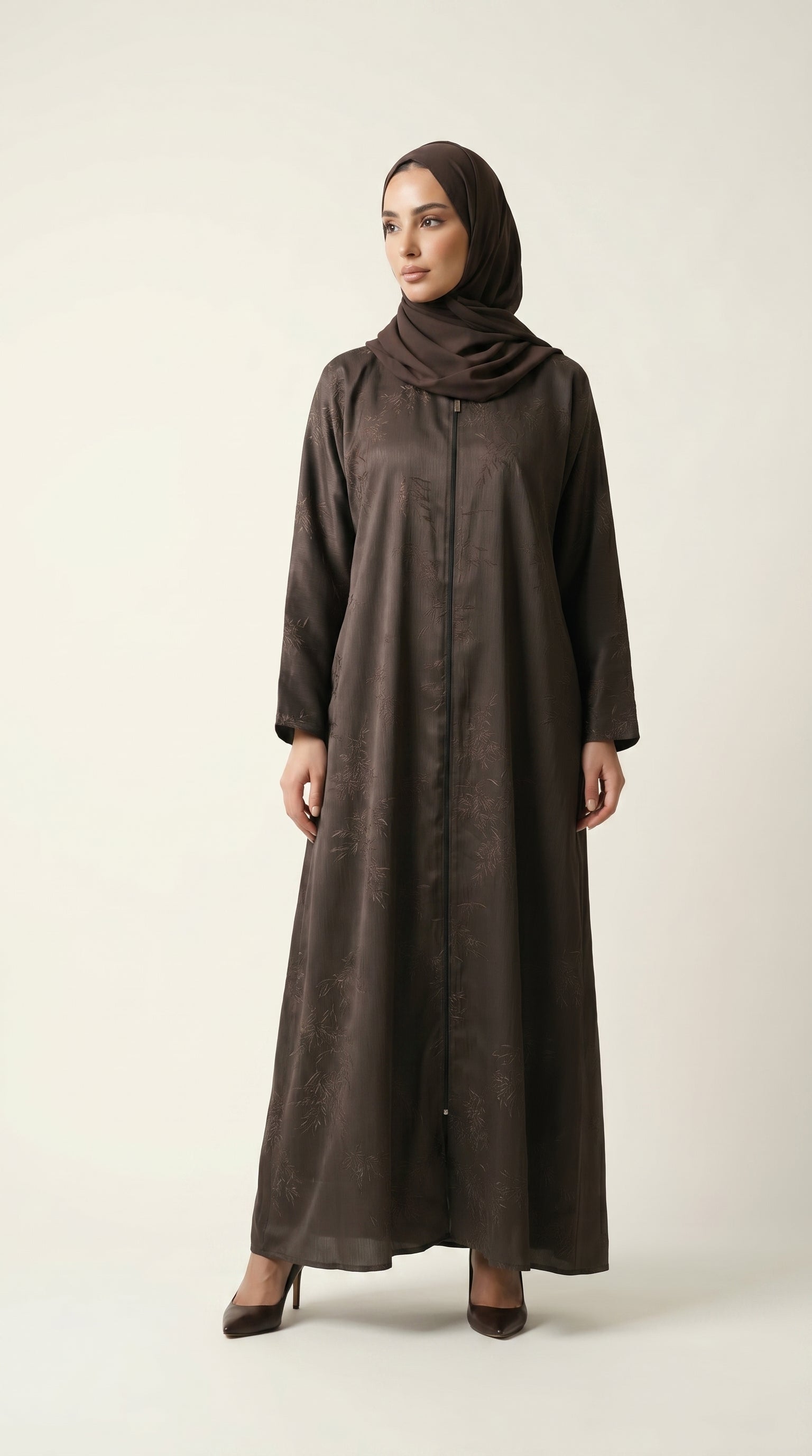 Brown Maryam Bamboo Leaf Work Open Abaya with Zip  Emarati
