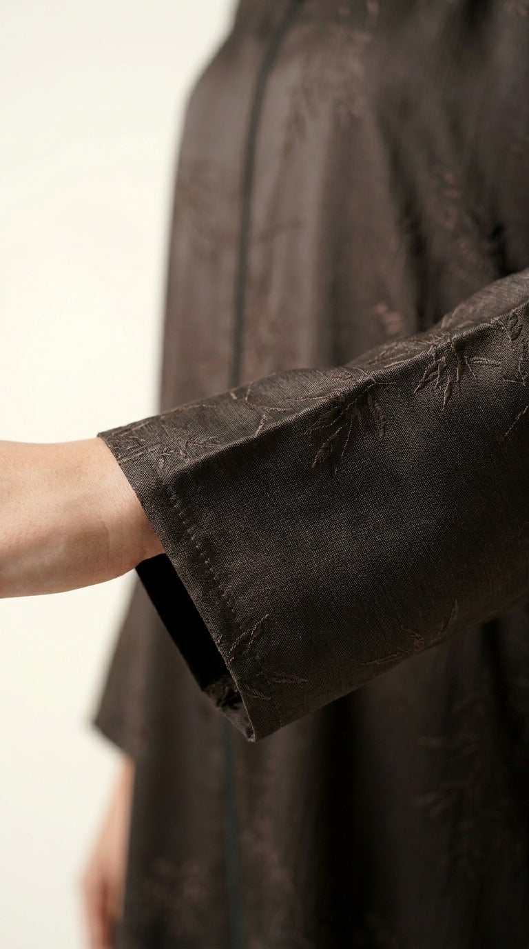 Brown Maryam Bamboo Leaf Work Open Abaya with Zip  Emarati
