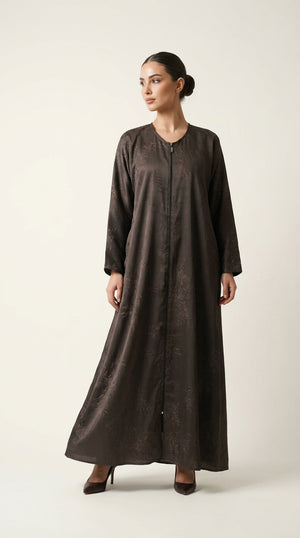 Brown Maryam Bamboo Leaf Work Open Abaya with Zip  Emarati