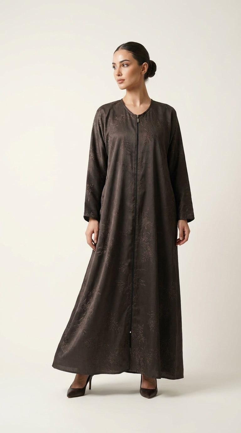 Brown Maryam Bamboo Leaf Work Open Abaya with Zip  Emarati