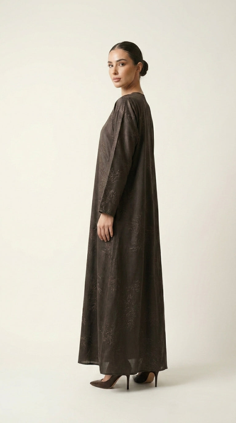 Brown Maryam Bamboo Leaf Work Open Abaya with Zip  Emarati