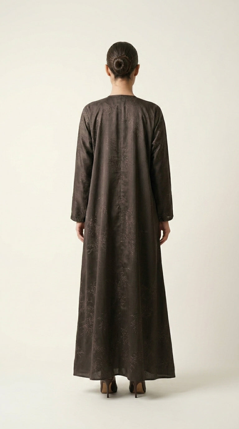 Brown Maryam Bamboo Leaf Work Open Abaya with Zip  Emarati