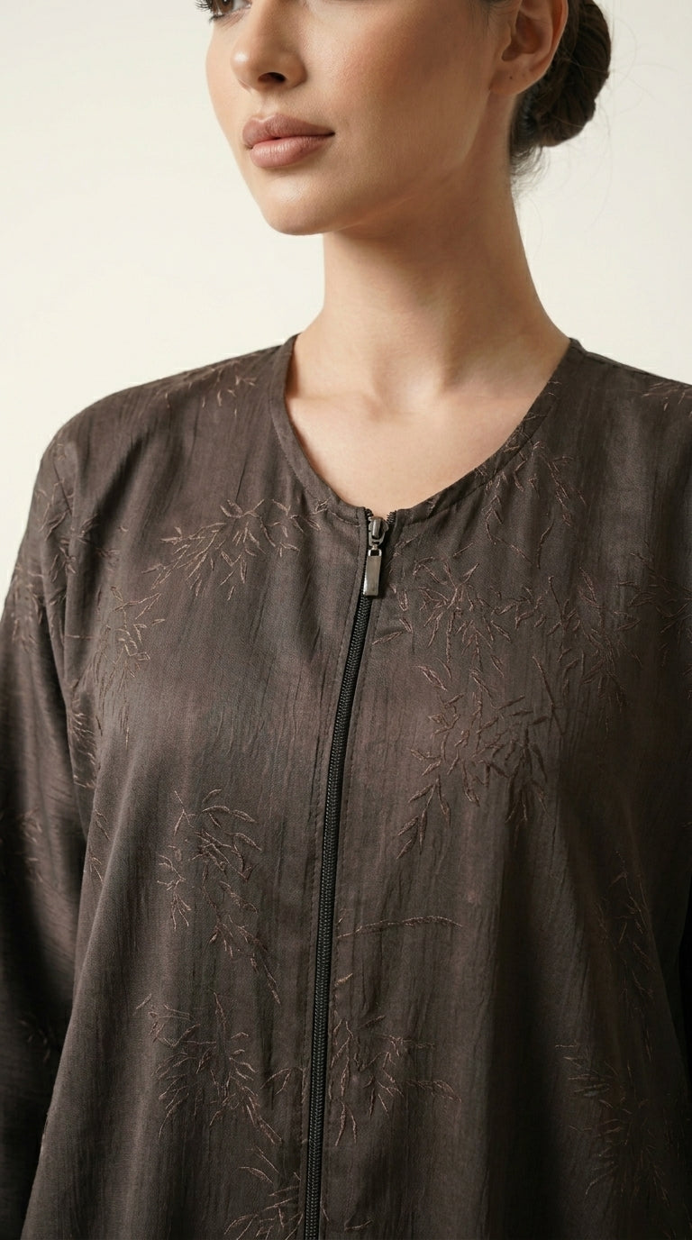 Brown Maryam Bamboo Leaf Work Open Abaya with Zip  Emarati