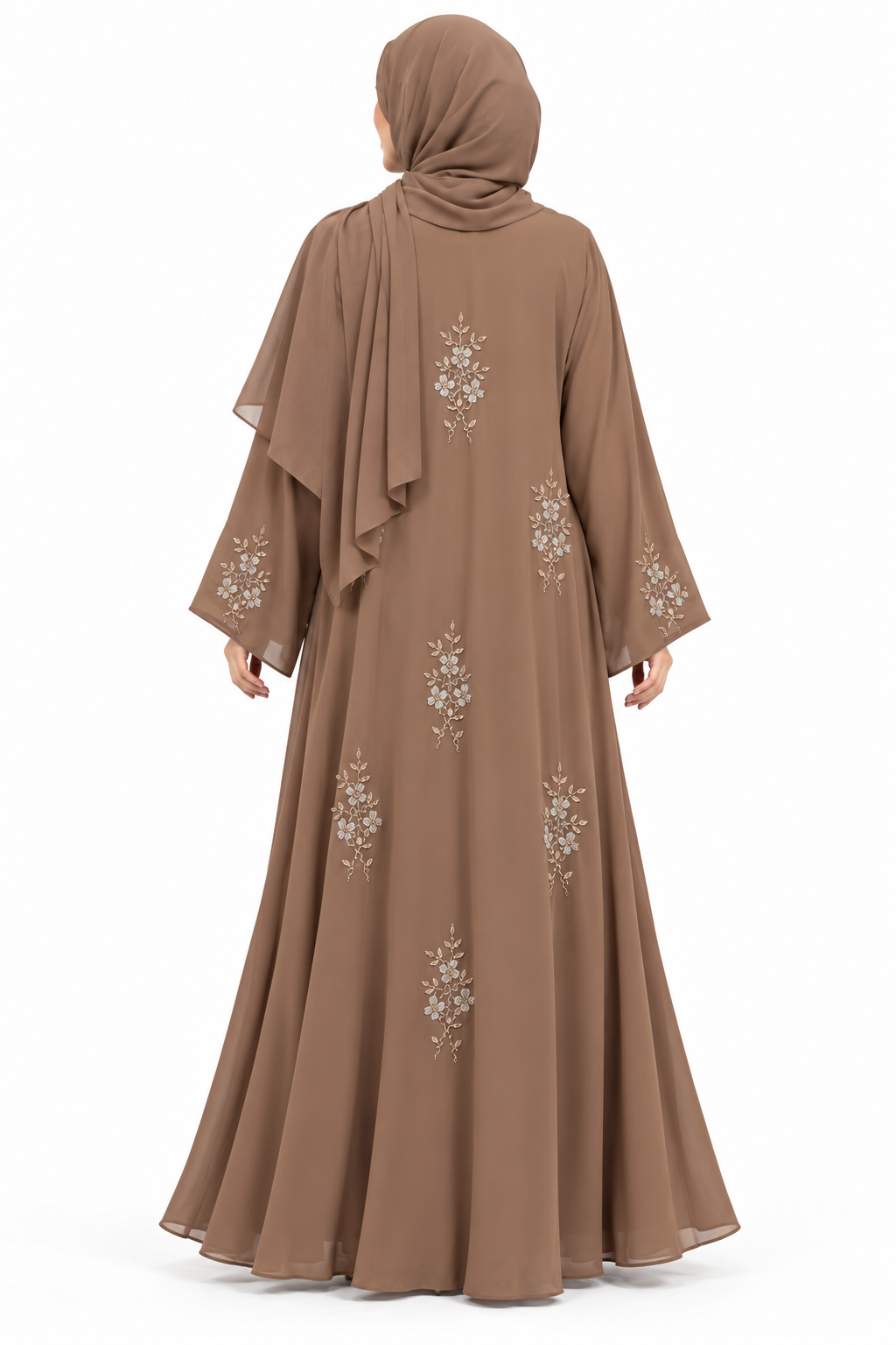 Brown open abaya with beaded floral chiffon detailing