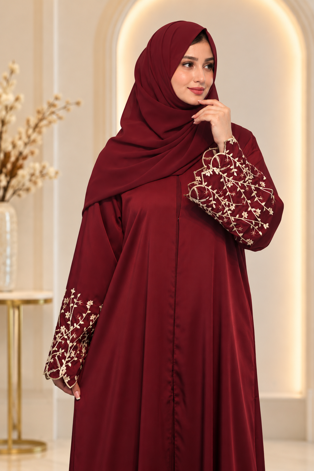 Elegant Maroon Floral Embroidered Sleeves Open Abaya  Emarati