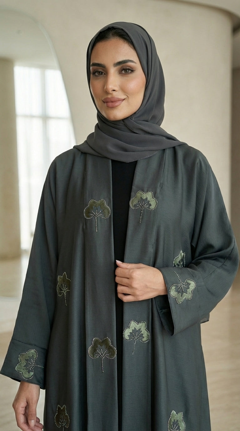Dark Green Velvet Flower Open Abaya  Emarati