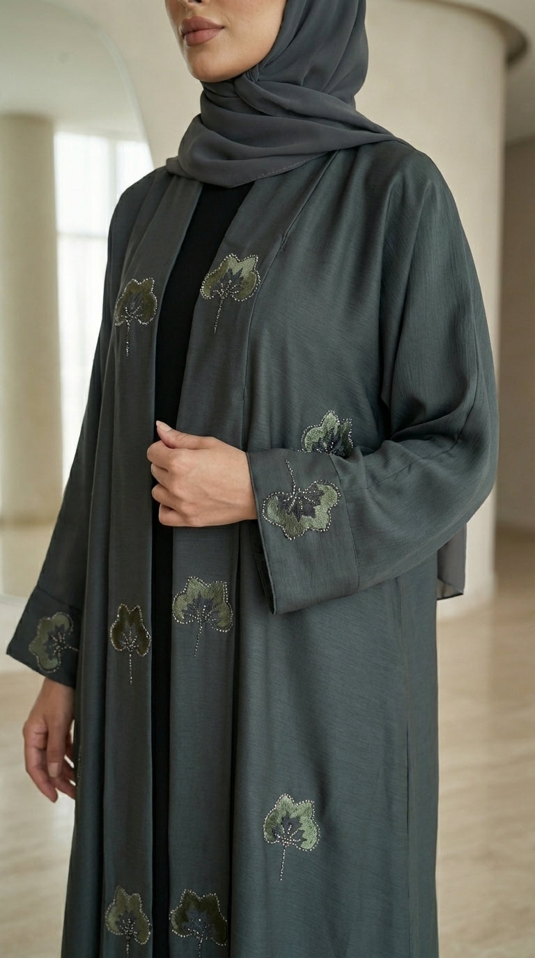 Dark Green Velvet Flower Open Abaya  Emarati