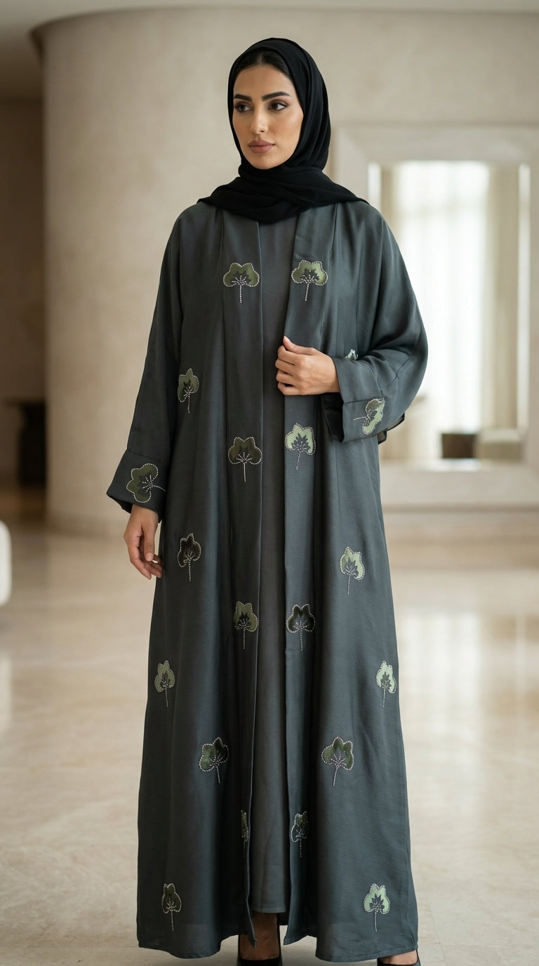 Dark Green Velvet Flower Open Abaya  Emarati