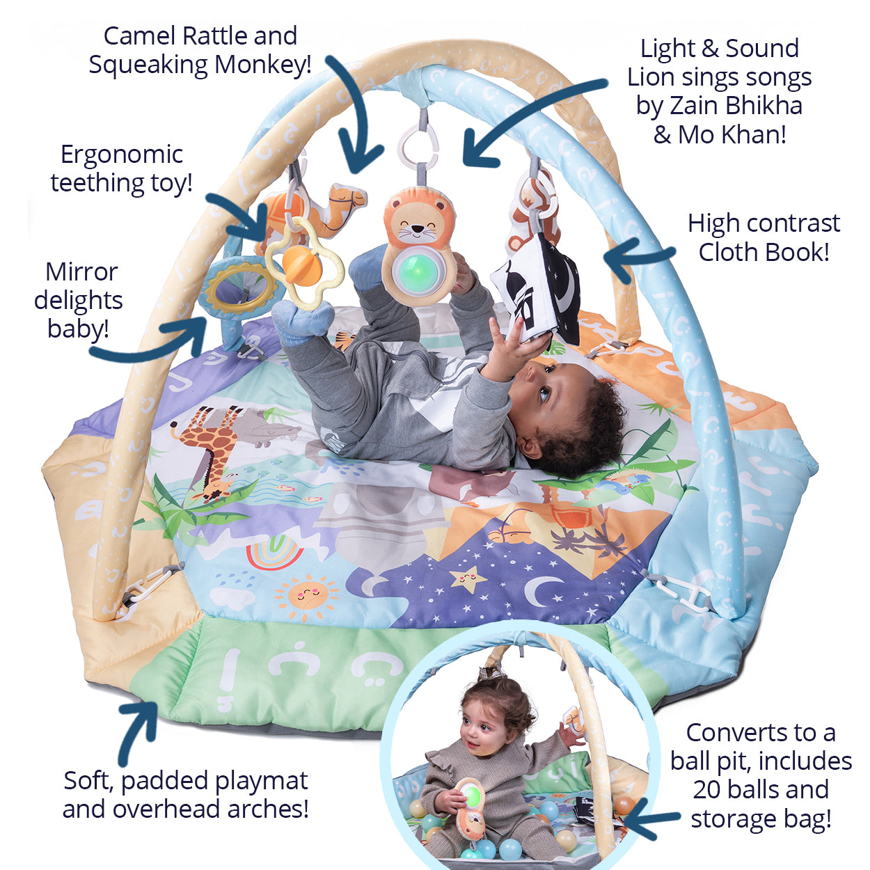 Desi Doll Arabic Alphabet 5-in-1 Activity Gym & Playmat for Babies  Emarati