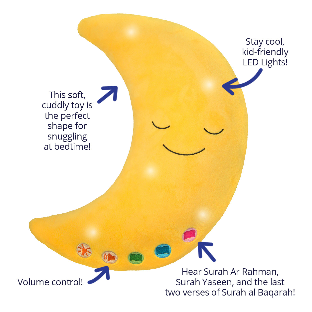 Desi Doll My Quran Pillow (Moon Shape) – Islamic Kids Learning Pillow with Light & Sound  Emarati