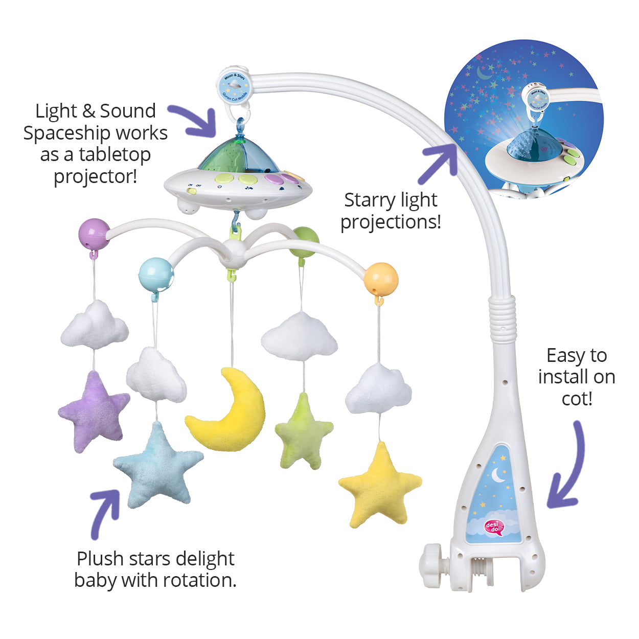 Desi Doll Quran Cot Mobile – Moon & Stars Baby Mobile with Light Projection  Emarati