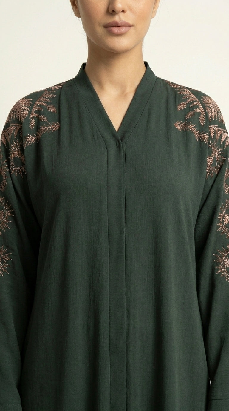 Green Embroidery Work Zoom Open Abaya  Emarati