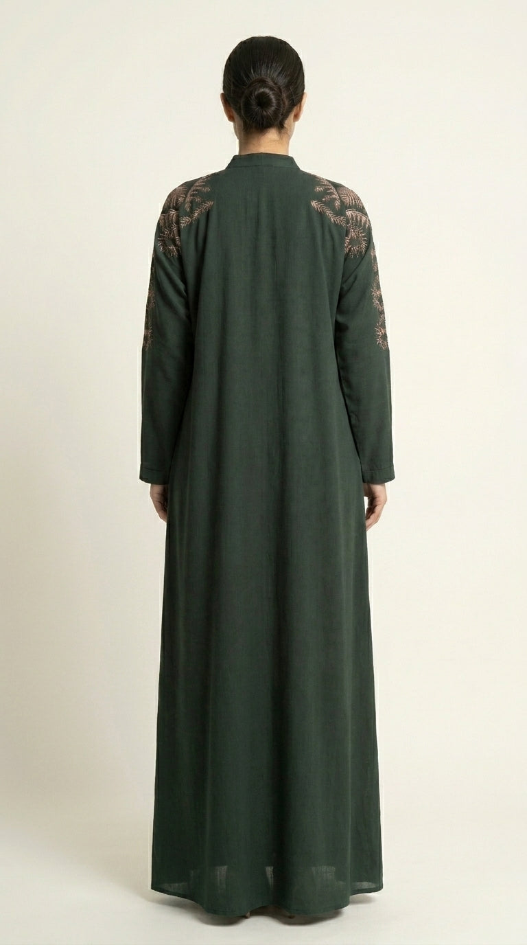 Green Embroidery Work Zoom Open Abaya  Emarati