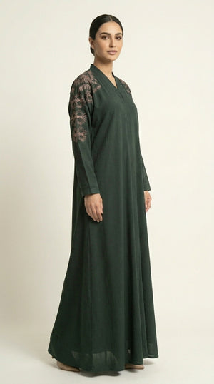 Green Embroidery Work Zoom Open Abaya  Emarati
