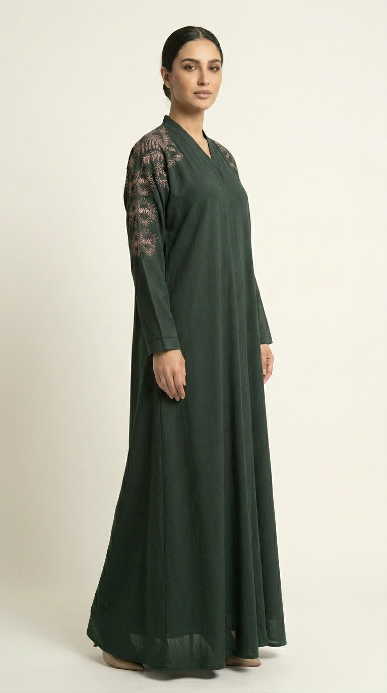 Green Embroidery Work Zoom Open Abaya  Emarati
