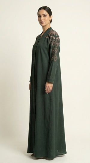 Green Embroidery Work Zoom Open Abaya  Emarati