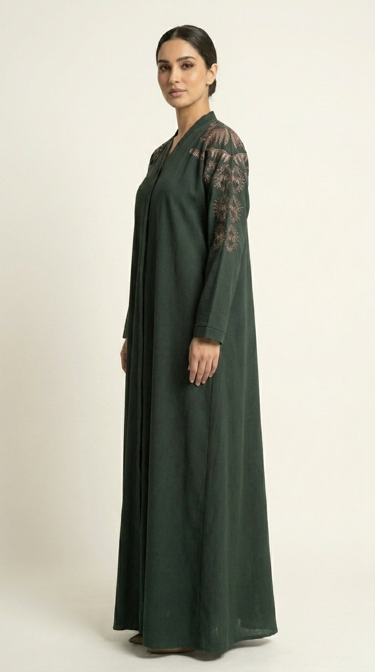 Green Embroidery Work Zoom Open Abaya  Emarati