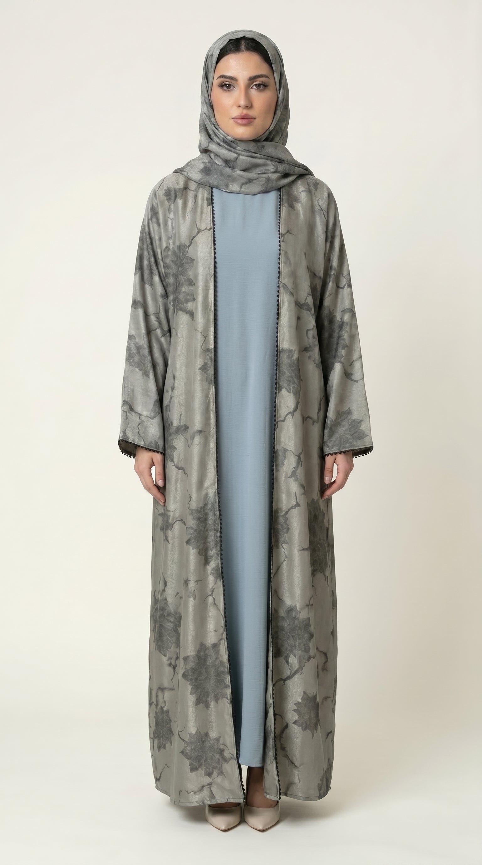 Green Leaf Print 3-Pieces Set Open Abaya  Emarati