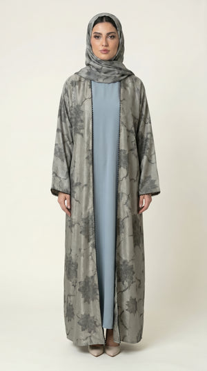 Green Leaf Print 3-Pieces Set Open Abaya  Emarati