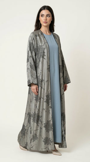 Green Leaf Print 3-Pieces Set Open Abaya  Emarati