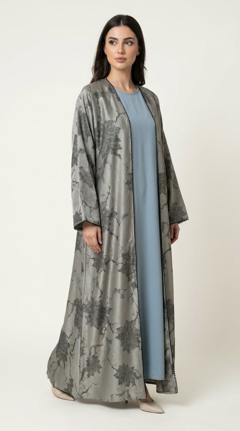 Green Leaf Print 3-Pieces Set Open Abaya  Emarati