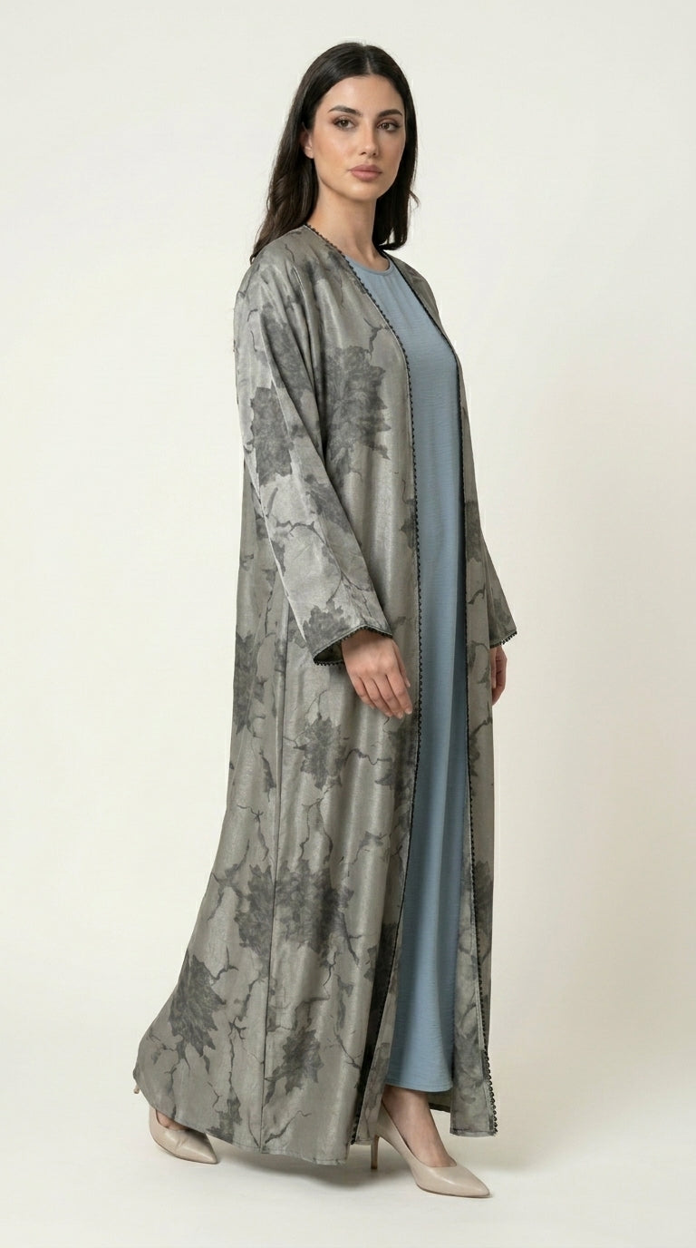 Green Leaf Print 3-Pieces Set Open Abaya  Emarati