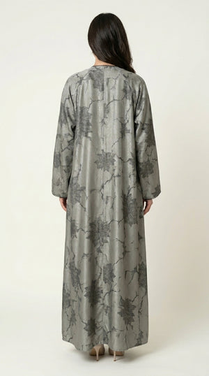 Green Leaf Print 3-Pieces Set Open Abaya  Emarati