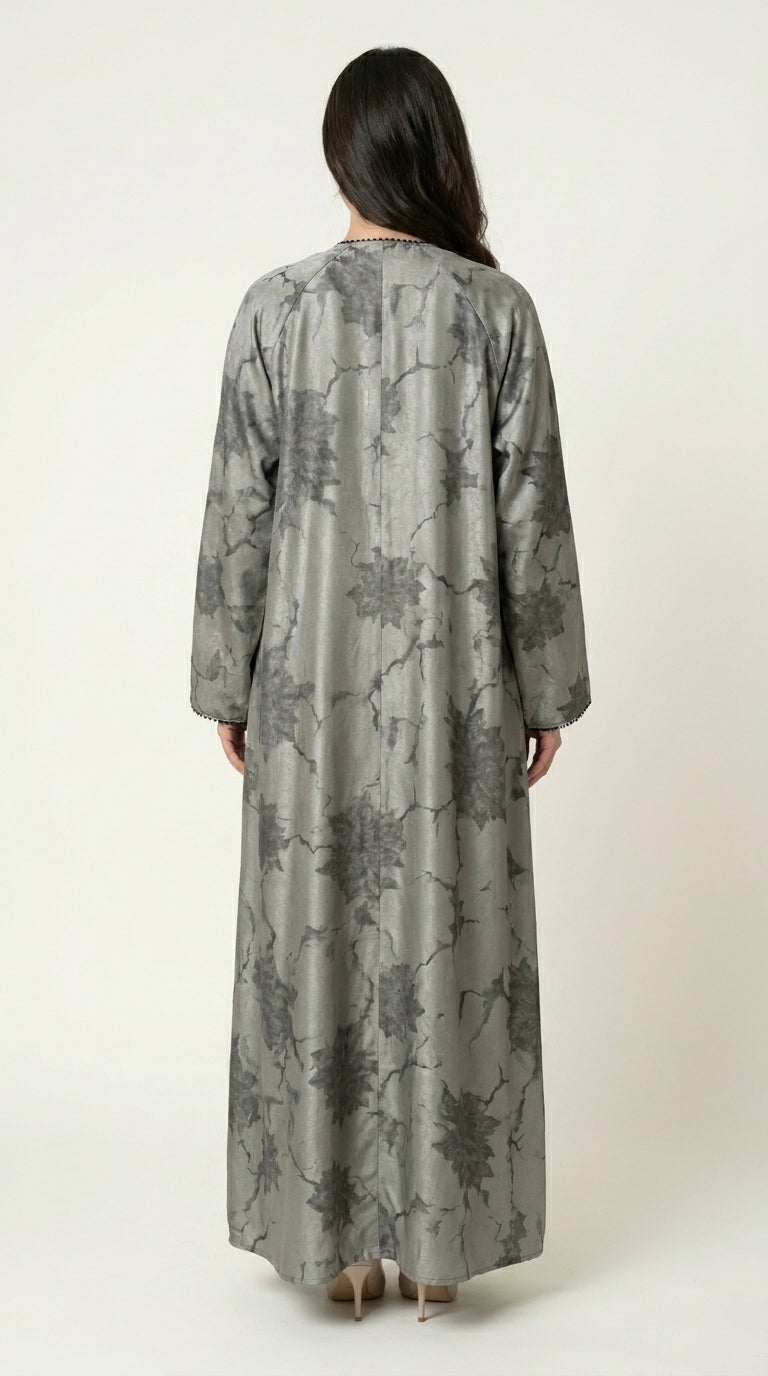 Green Leaf Print 3-Pieces Set Open Abaya  Emarati