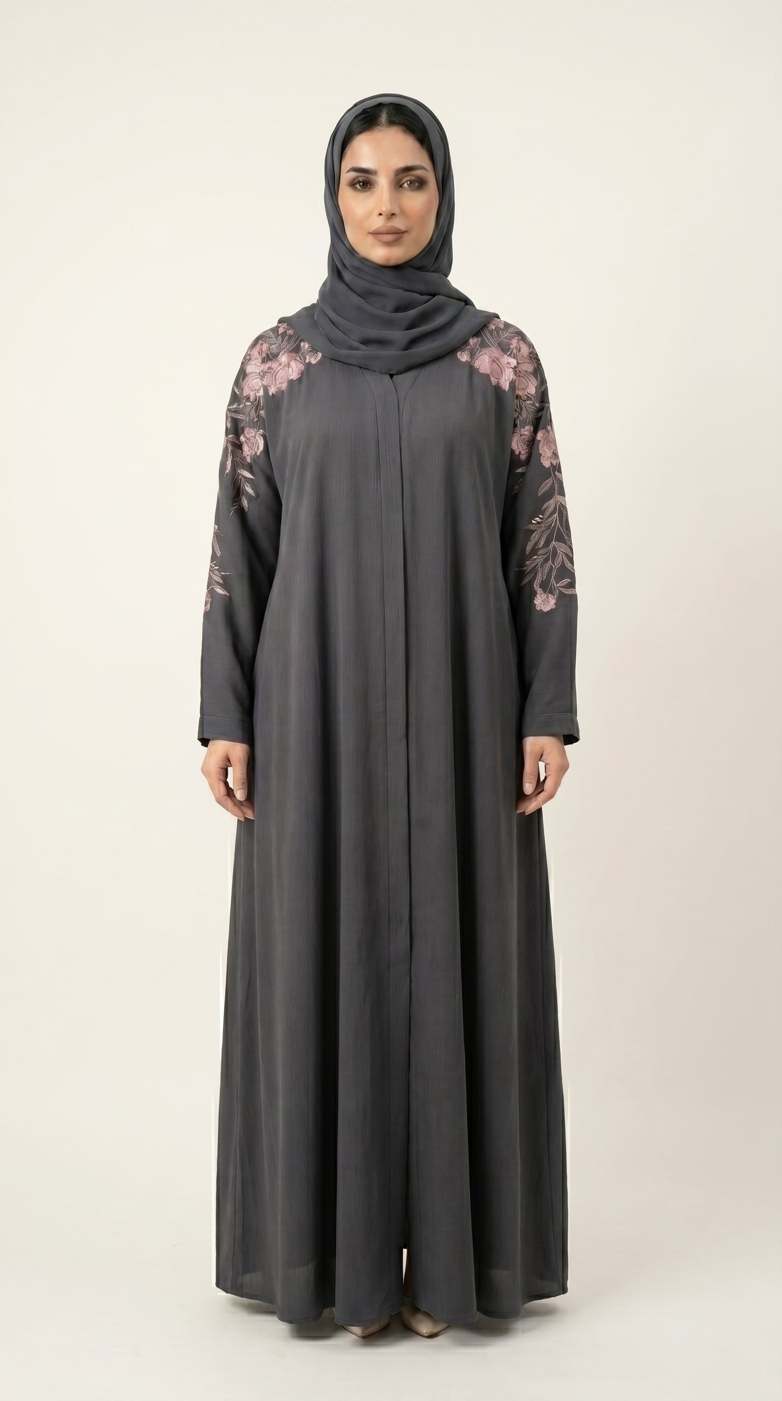 Grey Embroidery Flower Work Zoom Zip Abaya  Emarati